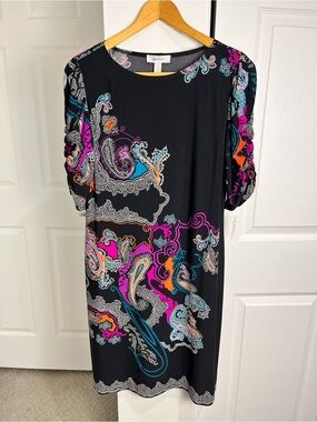 Dressbarn Black Multi Color Vibrant Paisley Midi Dress Rouched Sleeves Wedding